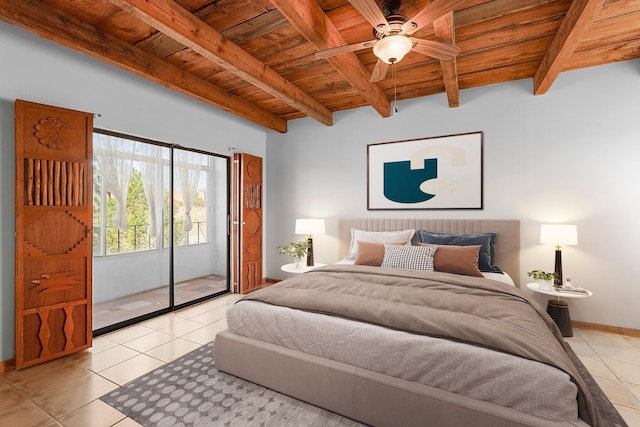 118 Sandia View Rd, Corrales, NM 87048 - bedroom with a wooden ceiling with exposed beams, light tile patterned floors, and access to exterior