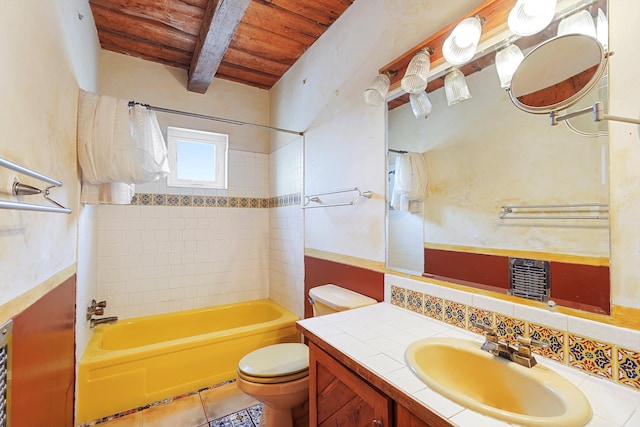 118 Sandia View Rd, Corrales, NM 87048 - bathroom featuring a wooden ceiling with exposed beams, vanity, shower / bath combination, and tile patterned floors