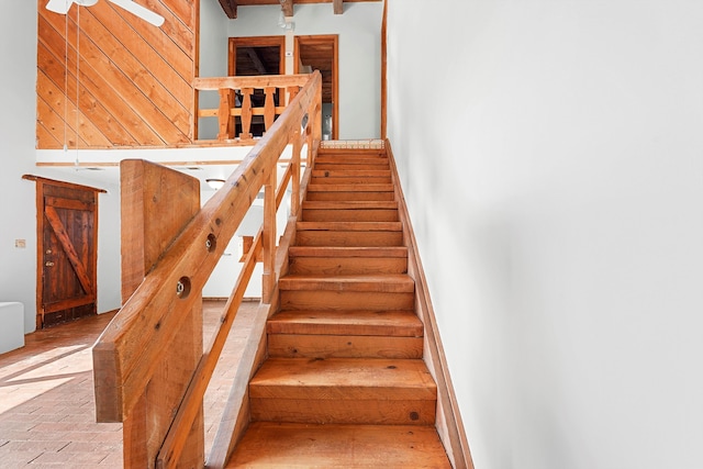 118 Sandia View Rd, Corrales, NM 87048 - stairs with a ceiling fan and brick floors