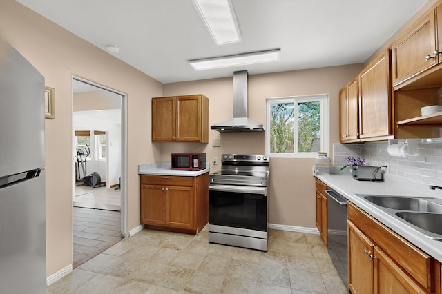7719 Euclid Ave NE, Albuquerque, NM 87110 - kitchen with appliances with stainless steel finishes, wall chimney range hood, light countertops, and open shelves