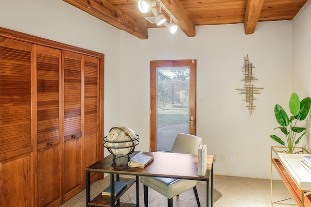 2505 Elfego Rd NW, Albuquerque, NM 87107 - office area featuring light carpet and a wooden ceiling with exposed beams