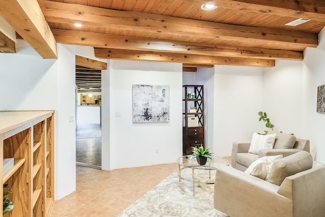 2505 Elfego Rd NW, Albuquerque, NM 87107 - living area with a wood ceiling with exposed beams, light tile patterned floors, and recessed lighting
