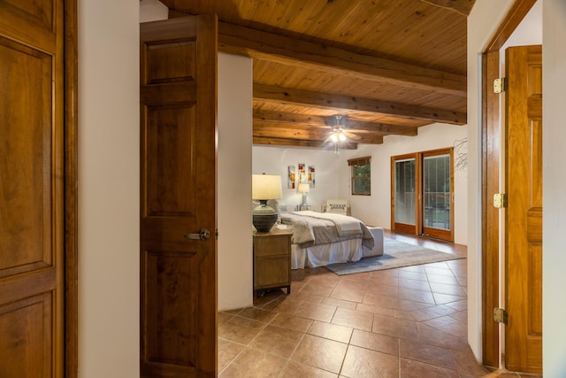 2505 Elfego Rd NW, Albuquerque, NM 87107 - tiled bedroom with access to outside, a wood ceiling with exposed beams, and ceiling fan