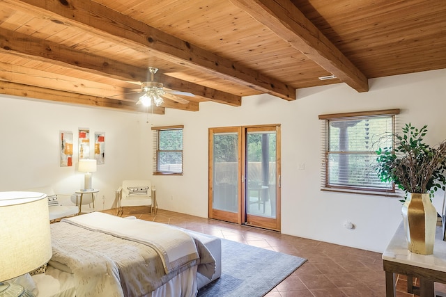 2505 Elfego Rd NW, Albuquerque, NM 87107 - tiled bedroom with access to outside, a wooden ceiling with exposed beams, and a ceiling fan