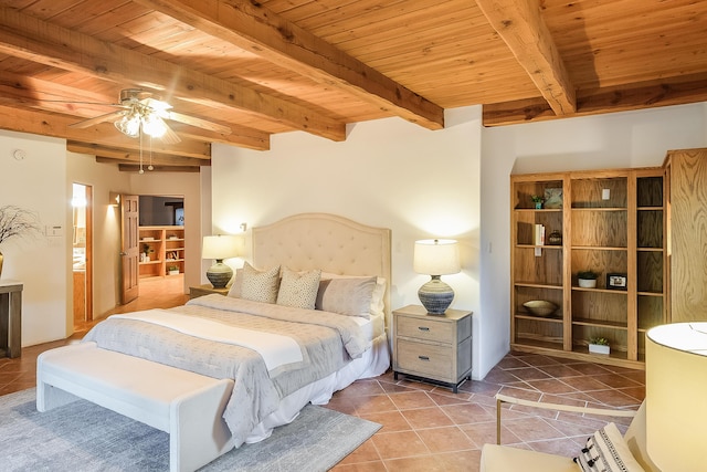 2505 Elfego Rd NW, Albuquerque, NM 87107 - tiled bedroom with a wooden ceiling with exposed beams and a ceiling fan
