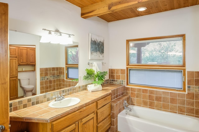 2505 Elfego Rd NW, Albuquerque, NM 87107 - full bath with a garden tub, a wood ceiling with exposed beams, vanity, and backsplash