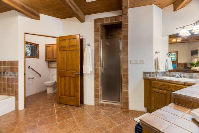 2505 Elfego Rd NW, Albuquerque, NM 87107 - bathroom with a wood ceiling with exposed beams, tile patterned floors, a bath, vanity, and a stall shower