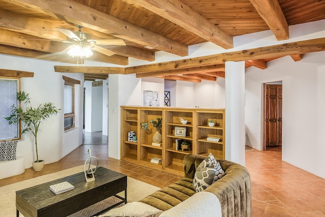 2505 Elfego Rd NW, Albuquerque, NM 87107 - tiled living room with a wood ceiling with exposed beams and ceiling fan