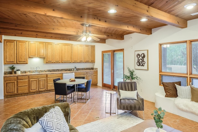 2505 Elfego Rd NW, Albuquerque, NM 87107 - kitchen featuring a wood ceiling with exposed beams, healthy amount of natural light, a ceiling fan, recessed lighting, and light tile patterned floors