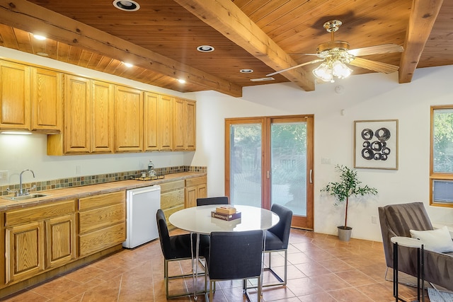 2505 Elfego Rd NW, Albuquerque, NM 87107 - kitchen featuring a wooden ceiling with exposed beams, tile countertops, white dishwasher, plenty of natural light, and ceiling fan