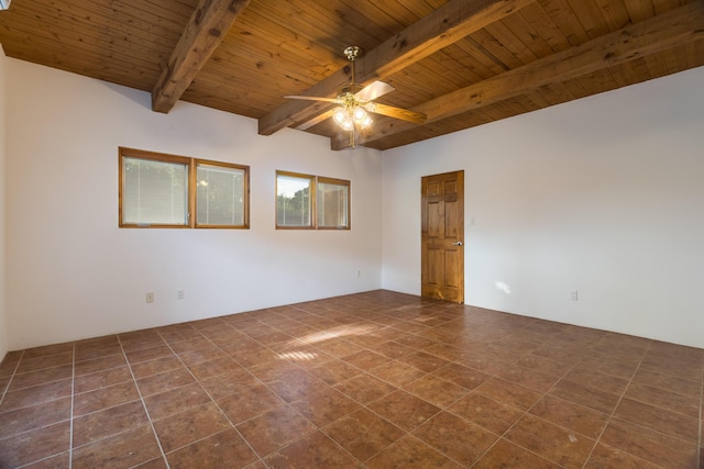 2505 Elfego Rd NW, Albuquerque, NM 87107 - unfurnished room featuring a ceiling fan, a wooden ceiling with exposed beams, and tile patterned flooring
