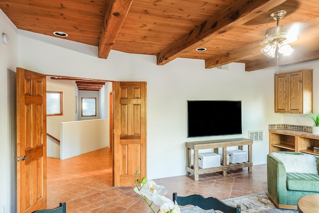 2505 Elfego Rd NW, Albuquerque, NM 87107 - living room featuring a wooden ceiling with exposed beams, a ceiling fan, and light tile patterned floors