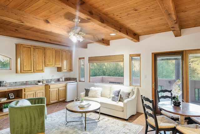 2505 Elfego Rd NW, Albuquerque, NM 87107 - living area featuring ceiling fan, a wood ceiling with exposed beams, and light tile patterned floors
