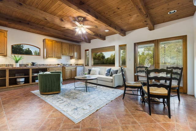 2505 Elfego Rd NW, Albuquerque, NM 87107 - living room with a wooden ceiling with exposed beams, a ceiling fan, and recessed lighting