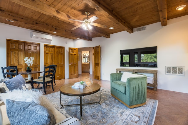 2505 Elfego Rd NW, Albuquerque, NM 87107 - living area featuring a wooden ceiling with exposed beams, a wall unit AC, ceiling fan, and tile patterned floors