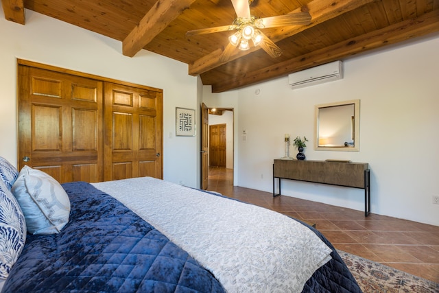 2505 Elfego Rd NW, Albuquerque, NM 87107 - bedroom with an AC wall unit, a wooden ceiling with exposed beams, tile patterned flooring, and ceiling fan