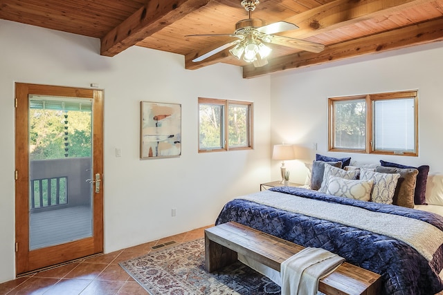 2505 Elfego Rd NW, Albuquerque, NM 87107 - tiled bedroom with a wood ceiling with exposed beams, access to outside, and a ceiling fan
