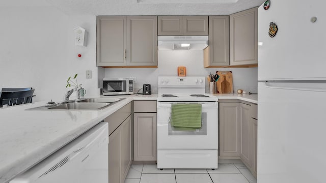 6041 Sequoia Rd NW Unit B3, Albuquerque, NM 87120 - kitchen with white appliances, custom exhaust hood, and gray cabinetry