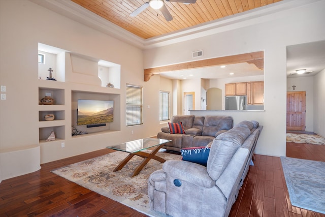 6615 Mountain Hawk Loop NE, Rio Rancho, NM 87144 - living area featuring a ceiling fan, dark wood finished floors, a raised ceiling, wood ceiling, and built in shelves