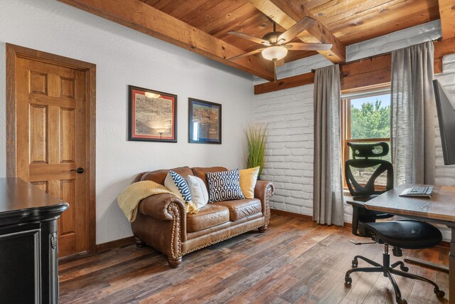 1524 W Meadowlark Ln, Corrales, NM 87048 - office with a wood ceiling with exposed beams, a ceiling fan, hardwood / wood-style flooring, and brick wall