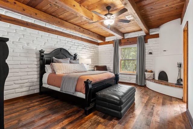1524 W Meadowlark Ln, Corrales, NM 87048 - bedroom with a wood ceiling with exposed beams, hardwood / wood-style flooring, and brick wall
