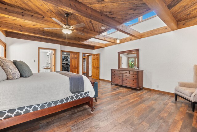 1524 W Meadowlark Ln, Corrales, NM 87048 - bedroom featuring a skylight, hardwood / wood-style floors, and a wood ceiling with exposed beams