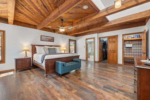 1524 W Meadowlark Ln, Corrales, NM 87048 - bedroom with dark wood-type flooring, ensuite bathroom, a spacious closet, a skylight, and a wood ceiling with exposed beams