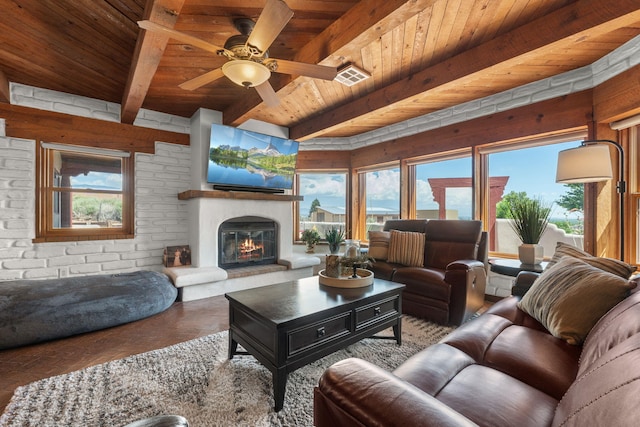 1524 W Meadowlark Ln, Corrales, NM 87048 - living room with a wood ceiling with exposed beams, healthy amount of natural light, a glass covered fireplace, and a ceiling fan