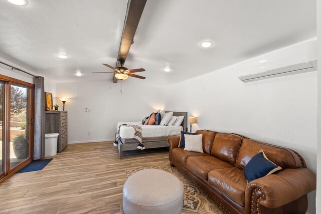 1524 W Meadowlark Ln, Corrales, NM 87048 - living room featuring a wall unit AC, light wood finished floors, recessed lighting, a ceiling fan, and beamed ceiling