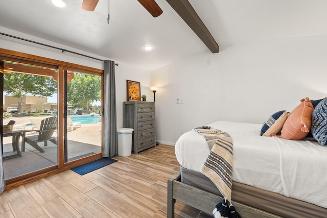1524 W Meadowlark Ln, Corrales, NM 87048 - bedroom with access to exterior, recessed lighting, beamed ceiling, light wood finished floors, and a ceiling fan