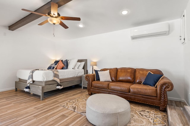 1524 W Meadowlark Ln, Corrales, NM 87048 - bedroom featuring a wall mounted air conditioner, beamed ceiling, light wood finished floors, a ceiling fan, and recessed lighting