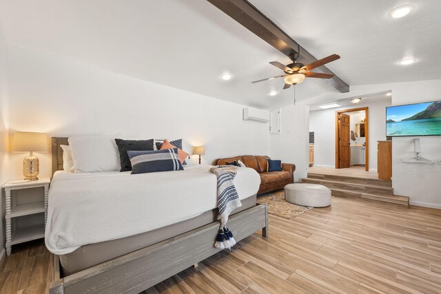 1524 W Meadowlark Ln, Corrales, NM 87048 - bedroom featuring light wood-style floors, recessed lighting, an AC wall unit, and a ceiling fan