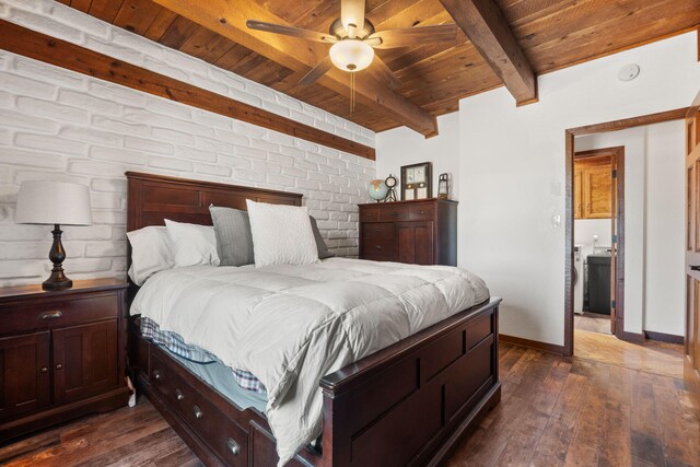 1524 W Meadowlark Ln, Corrales, NM 87048 - bedroom with a wood ceiling with exposed beams, dark wood-style flooring, and brick wall