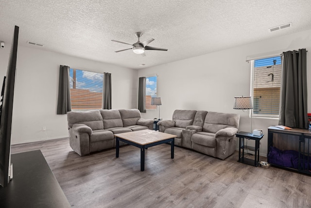9909 Saddlehorn Trl SW, Albuquerque, NM 87121 - living room featuring ceiling fan, wood finished floors, and a textured ceiling
