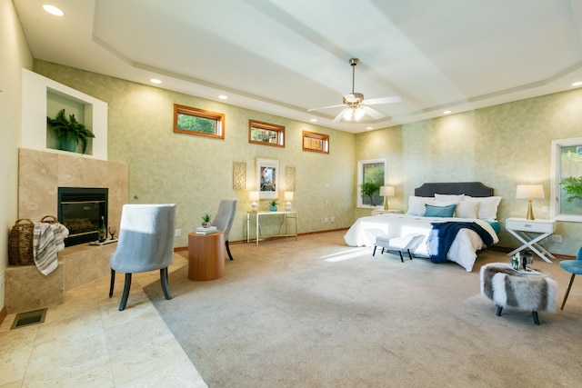 13527 Cedarbrook Ave NE, Albuquerque, NM 87111 - bedroom featuring a raised ceiling, recessed lighting, and a fireplace