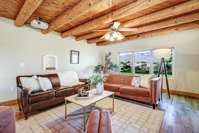 276 Trosello Ln, Corrales, NM 87048 - living area featuring a wooden ceiling with exposed beams, light wood finished floors, and a ceiling fan