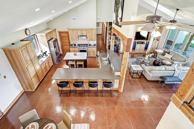 276 Trosello Ln, Corrales, NM 87048 - dining area with ceiling fan, tile patterned flooring, high vaulted ceiling, recessed lighting, and a fireplace