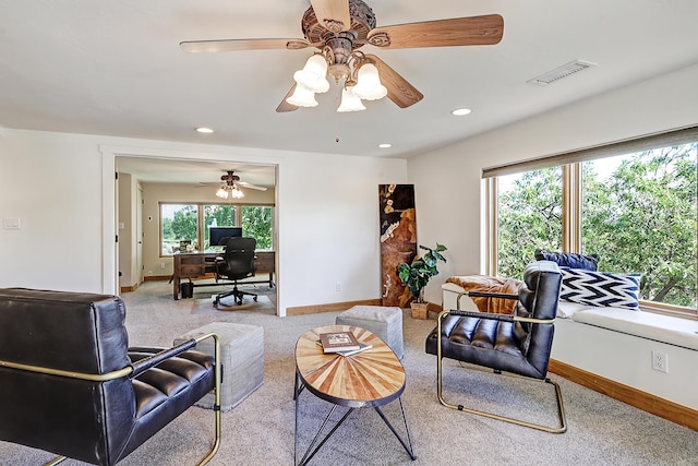 276 Trosello Ln, Corrales, NM 87048 - living area with an office area, carpet floors, a ceiling fan, and recessed lighting