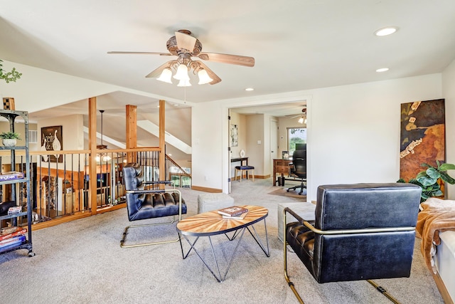 276 Trosello Ln, Corrales, NM 87048 - living room featuring ceiling fan, carpet flooring, a desk, and recessed lighting