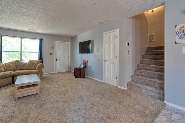 10405 Red Robin Rd SW, Albuquerque, NM 87121 - living room with a textured ceiling, stairway, and carpet