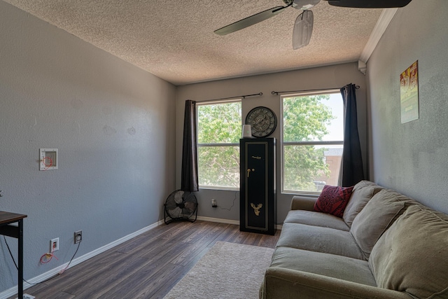 10405 Red Robin Rd SW, Albuquerque, NM 87121 - living area featuring wood finished floors, a ceiling fan, a textured ceiling, and a textured wall