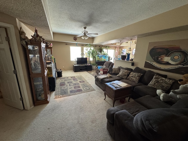 6356 Azaleas Rd NW, Albuquerque, NM 87114 - living room featuring a textured ceiling, carpet floors, and ceiling fan
