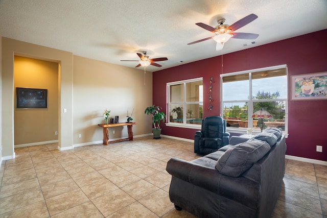 3726 Linda Vista Ave NE, Rio Rancho, NM 87124 - living room with a ceiling fan, a textured ceiling, and light tile patterned floors