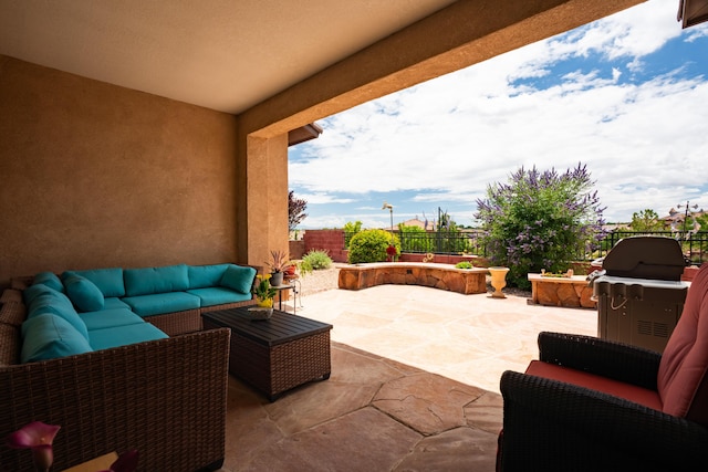 3726 Linda Vista Ave NE, Rio Rancho, NM 87124 - fenced backyard with an outdoor living space, a patio area, and grilling area