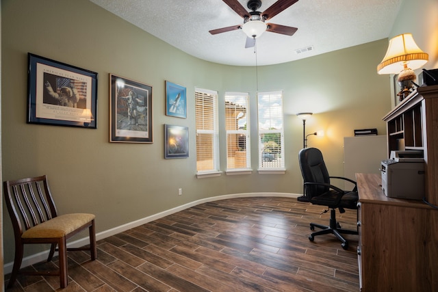 3726 Linda Vista Ave NE, Rio Rancho, NM 87124 - office area with ceiling fan, dark wood-style floors, and a textured ceiling