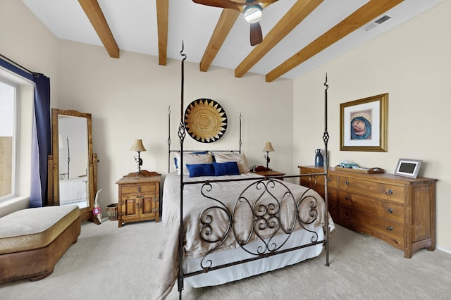 2504 Campeche Rd NE, Rio Rancho, NM 87144 - bedroom featuring light carpet, beamed ceiling, and a ceiling fan