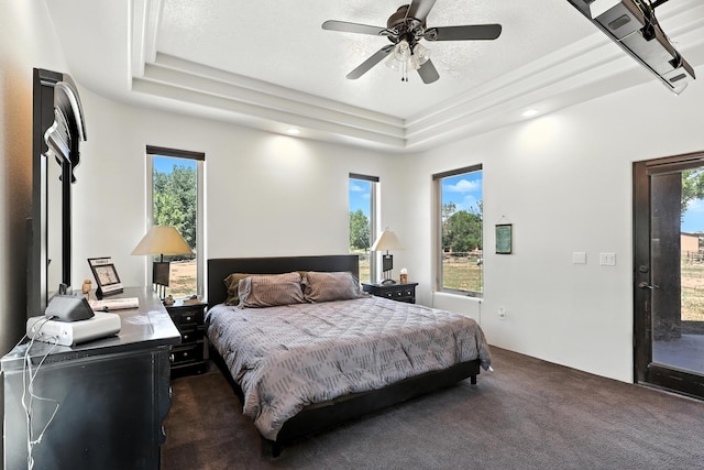 76 Otero Rd, Los Lunas, NM 87031 - carpeted bedroom with a raised ceiling, access to outside, and a ceiling fan