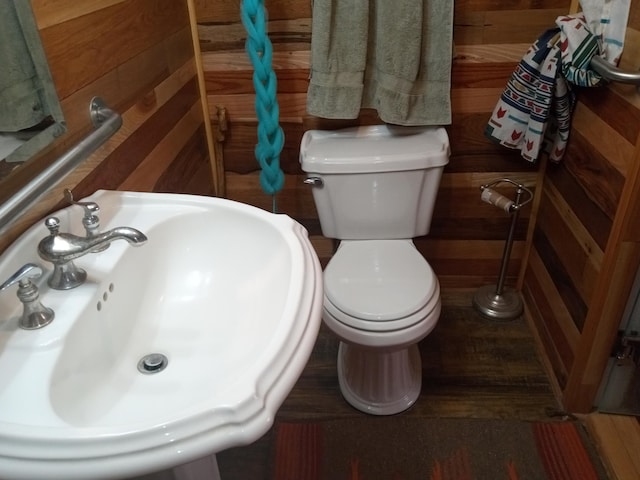 bathroom featuring a sink and wooden walls