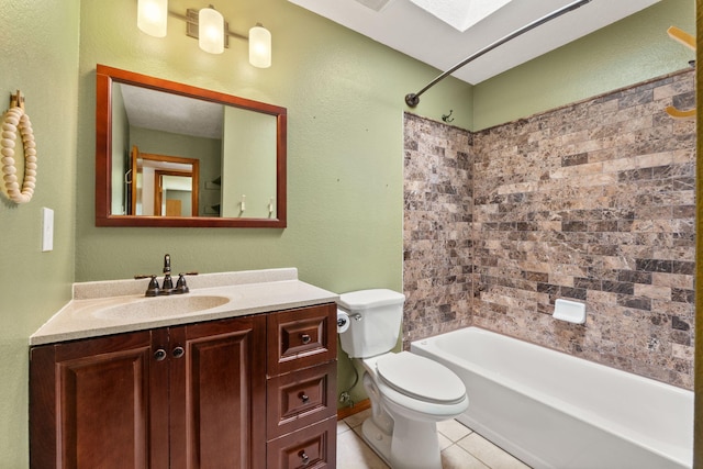 36 Palomas Rd, Los Lunas, NM 87031 - bathroom featuring vanity,  shower combination, tile patterned floors, a textured wall, and a skylight