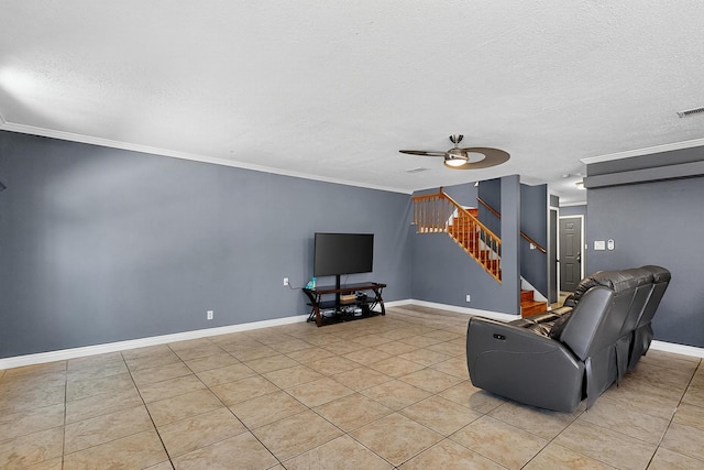 5415 Colleens Way NE, Albuquerque, NM 87111 - living room with a ceiling fan, stairs, a textured ceiling, light tile patterned flooring, and crown molding